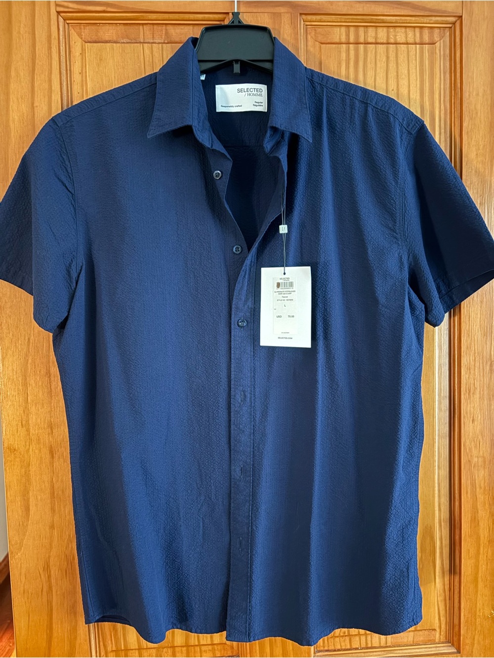Selected Homme Men's Navy Short-Sleeve Textured Button-Down Shirt